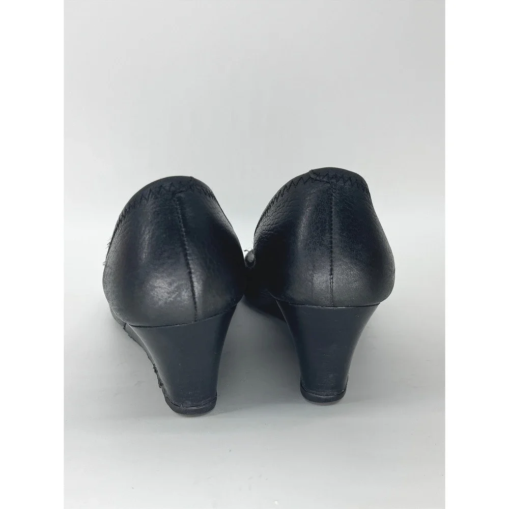 Tory Burch Wedge Heels Women 5 Black Leather Peep Toe Logo Medallion